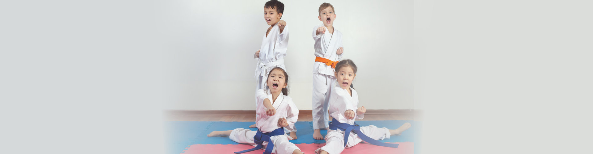 Four children demonstrate martial arts working together.